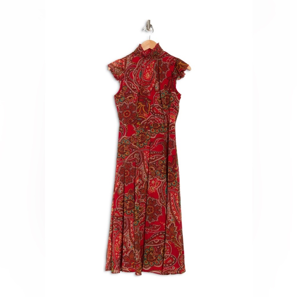 TOMMY HILFIGER Paisley Chiffon Mock Neck Midi Dress